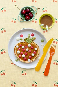Kids pancake breakfast treat, shaped like a fun strawberry