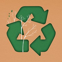 Green recycling symbol with growing trees on orange background