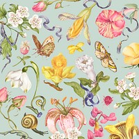 Colorful vintage floral pattern vector on green background, remixed from artworks by Pierre-Joseph Redout&eacute;