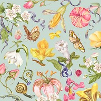 Colorful vintage floral pattern vector on green background, remixed from artworks by Pierre-Joseph Redouté