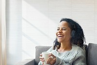 Woman enjoying coffee with design space