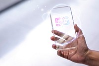 5G global network background technology with futuristic transparent smartphone remixed media