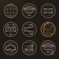 Global network technology icon vector in gold set