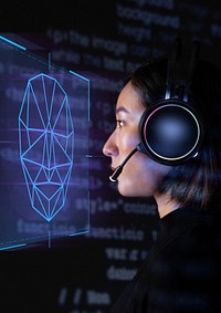 Female programmer scanning her face with biometric security technology on virtual screen digital remix