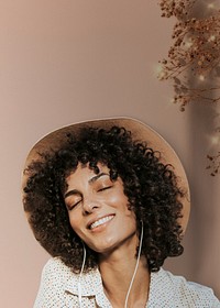 Woman with curly hair wearing earphones with leaf border remixed media