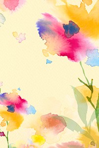 Spring floral border background in yellow with flower watercolor illustration