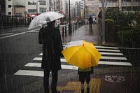 Family crossing a road on rainy day