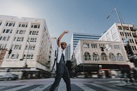 African American man crossing road, urban fashion candid