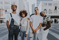 Cool friends urban photo, standing on crosswalk in the city