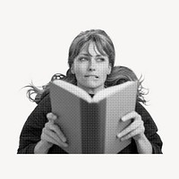 Woman reading  collage element, education in halftone design psd