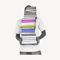 Man carrying book stack, education in black and white with color accent