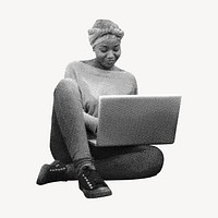 African woman using laptop collage element, education in halftone design vector