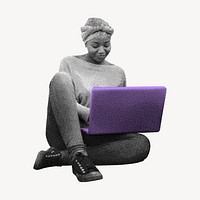 African woman using laptop collage element, education, black and white with color accent  vector