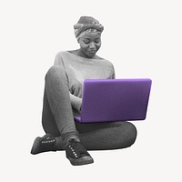 African woman using laptop collage element, education, black and white with color accent  psd