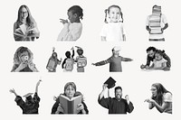 People in education collage element, halftone design set psd