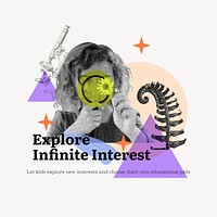 Child exploring interest Facebook post template, education mixed media, color accent design vector