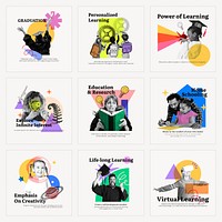 People in education Facebook post templates, geometric mixed media collage set vector