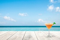 Summer product backdrop, blue sea and drink