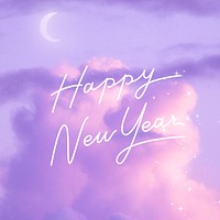 New year greeting, calligraphy design, aesthetic pastel purple sky background