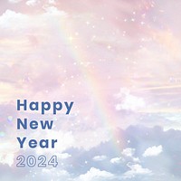 Aesthetic new year 2024 greeting, pastel pink sky background