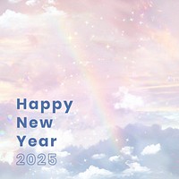 New year 2025 greeting, aesthetic pastel rainbow sky background