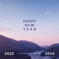 New year 2024 greeting, aesthetic mountains background
