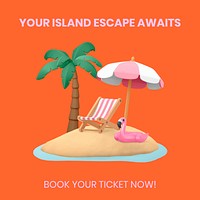 Summer 3D Facebook ad template, island travel psd