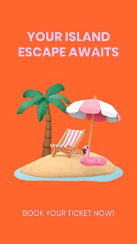 Summer 3D Instagram story template, island travel vector