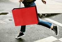 Red paper shopping bag, reusable product with blank space