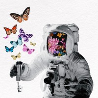 Astronaut collage collage element, butterflies design psd