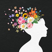 Flower head collage element, white silhouette person psd