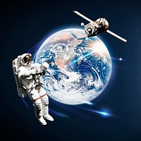 Astronaut floating, space satellite background