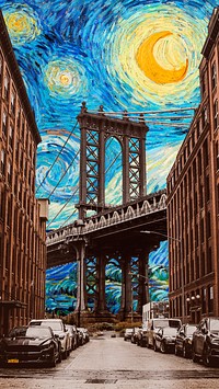 Brooklyn bridge mobile wallpaper, Van Gogh's Starry Night remixed by rawpixel