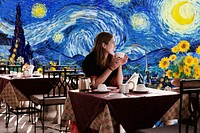 Starry Night, woman at terrace mixed media, remixed by rawpixel vector