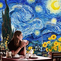 Starry Night, woman at terrace mixed media, remixed by rawpixel psd