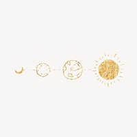 Gold planet collage element, glitter line art design psd