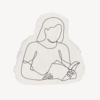 Woman reading line art collage element, torn paper design psd