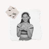 Enjoying music, teenage girl torn paper design