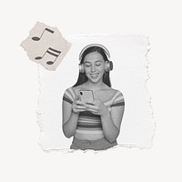 Enjoying music collage element, teenage girl, torn paper design psd