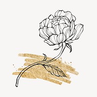 Peony line art sticker, gold brush design psd