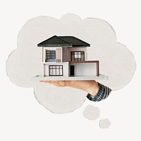 Mortgage speech bubble, hand presenting house model image 