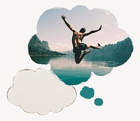 Carefree man jumping, speech bubble, travel concept image 