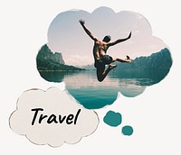 Travel speech bubble, carefree man jumping by a lake image