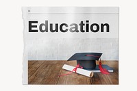 Education newspaper, graduation cap, scroll image