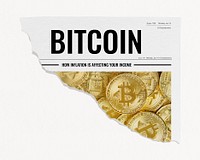 Ripped bitcoin newspaper, cryptocurrency concept