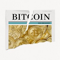Ripped bitcoin newspaper, cryptocurrency concept