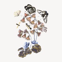 Vintage flower illustration, aesthetic butterfly graphic psd