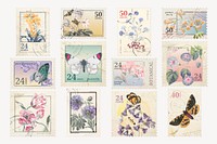 Flower postage stamp illustration, vintage graphic psd set