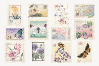 Flower postage stamp illustration, vintage graphic vector set