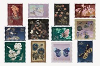 Flower postage stamp illustration, vintage graphic psd set